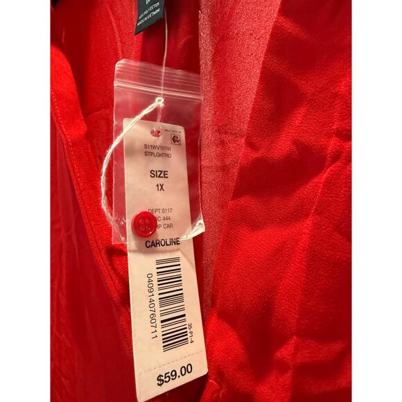 NWT Investments Woman 1X Blouse Long Sleeves Solid Red Career Buttons V Neck - Picture 4 of 5